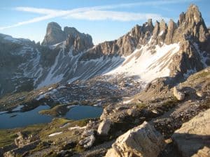 Zwölferkofel und Paternkofel im frühen Morgenlicht, Dolomiten, Südtirol